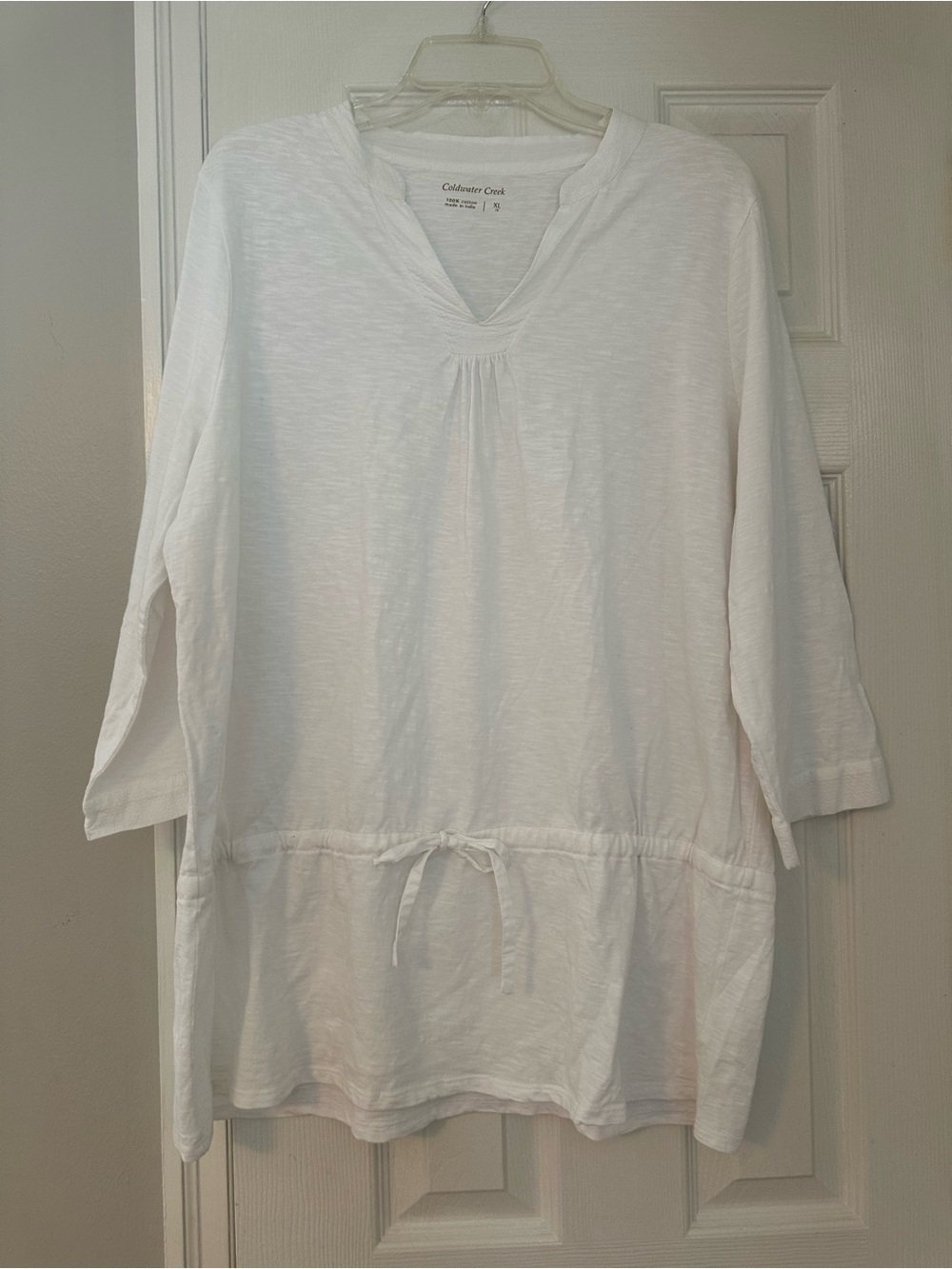 Coldwater Creek White V-Neck Drawstring Tunic Top